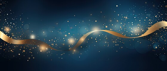 Abstract christmas illustration, gold wavy shapes and particles on blue background, ai generated