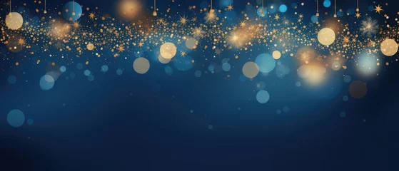 Fotobehang Abstract christmas illustration, gold wavy shapes and particles on blue background © leftmade