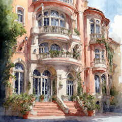 Architectural watercolor illustration, AI Generative illustration