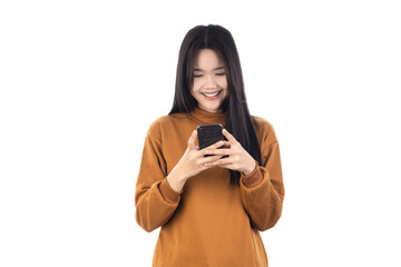 Portrait of a smiling casual Asian woman holding smartphone isolated on white background with clipping path.