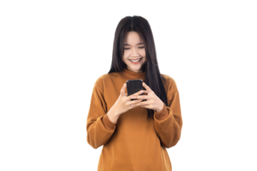 Portrait of a smiling casual Asian woman holding smartphone isolated on white background with clipping path.