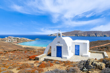 Landscape with chapel and Agios Sostis beach, Mykonos island, Greece Cyclades