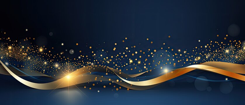 Abstract christmas illustration, golden waves and particles on blue background, xmas wallpaper banner