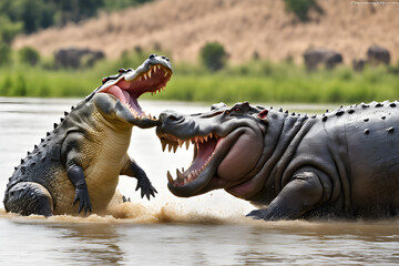 fight between crocodile and hippopotamus. Generative AI