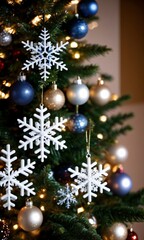 Obraz na płótnie Canvas Snowflakes And Stars Adorning A Christmas Tree, Twilight, Indoor, Low Angle