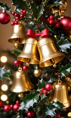 Golden Bells And Holly On A Christmas Tree, Warm Indoor Lighting, Close-Up