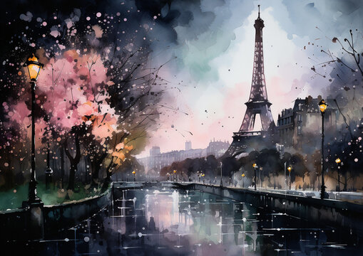 Fototapeta Parisian streets and parks, soft muted watercolors, romantic, beautiful background.