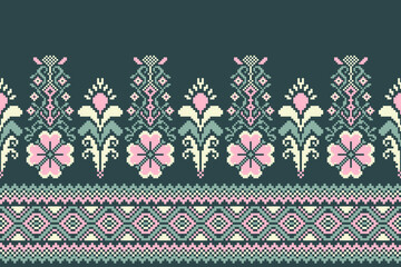 flower embroidery on green background. ikat and cross stitch geometric seamless pattern ethnic oriental traditional. Aztec style illustration design for carpet, wallpaper, clothing, wrapping, batik.