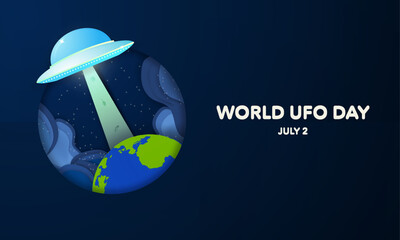 World UFO Day Banner. July 2. Paper cut out and trendy concept. Paper origami alien UFO abducting human and animals from earth. Editable Vector Illustration Template with copy space. EPS 10.
