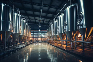Fermentation mash vats or boiler tanks in a brewery factory. Brewery plant interior. Factory for the production of beer. Modern production of draft drinks. Selective focus. - Powered by Adobe