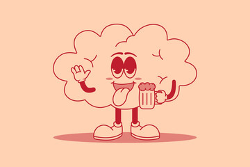 Cartoon illustration of a funny cloud with a mug of beer. Cute mascot character retro cartoon design
