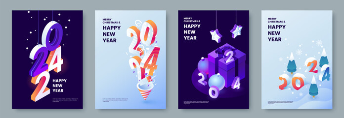 Happy New Year 2024 posters collection in isometric style. Greeting card template with isometric graphics and typography. Creative concept for banner, flyer, cover, social media. Vector illustration.