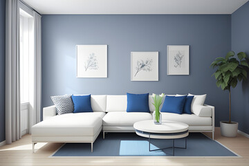 Classic living room interior with white sofa near empty blue wall. 3d rendering. Modern living room