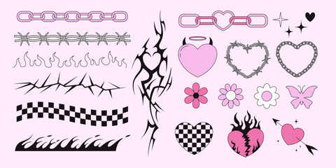 Set of y2k emo goth vector cliparts. Heart, barbed wire, checkered border, spikes, thorns, tribal tattoo, chain, butterly, flowers. 2000s elements for design and print - obrazy, fototapety, plakaty