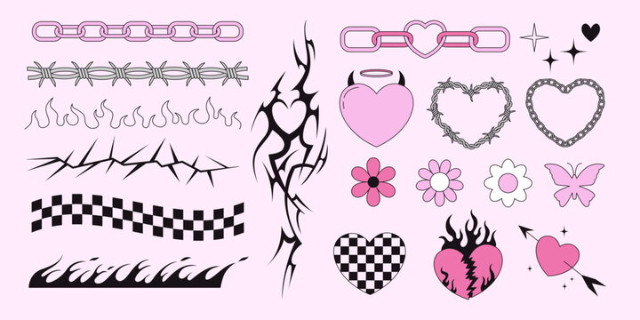 Set Of Y2k Emo Goth Vector Cliparts. Heart, Barbed Wire, Checkered Border, Spikes, Thorns, Tribal Tattoo, Chain, Butterly, Flowers. 2000s Elements For Design And Print