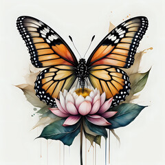 colorful butterfly, floral watercolor splash background 