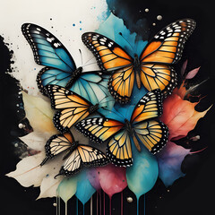 colorful butterfly, watercolor splash background 