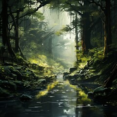 illustration painting of green forest. Luxurious abstract art digital painting for wallpaper