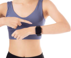Closeup hands young asian woman looking and pointing smartwatch for exercise and aerobics with cardio, female looking smart watch while workout, sport concept.