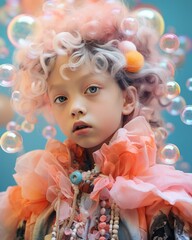 Fototapeta premium A dreamy portrait of a young girl in a pink dress, surrounded by a bubble-filled autumn wonderland, evokes a sense of innocence and joy