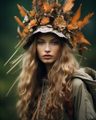 A beautiful woman with long, wild hair wearing a fashionable headdress of autumnal flowers radiates an alluring sense of confidence and elegance