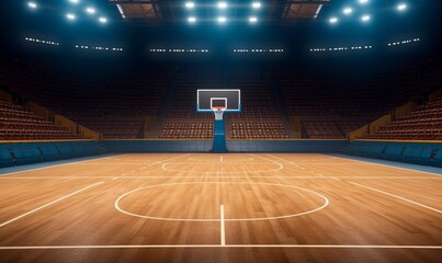 Basketball sport arena. Interior view to wooden floor of basketball court. Two basketball hoops side view. Digital 3D illustration of sport, Generative AI - obrazy, fototapety, plakaty