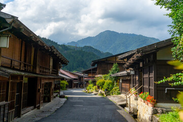 Fototapeta na wymiar Tsumago juku , Edo village on Enakyo Nakasendo trails during summer morning at Gifu , Japan : 29 August 2019