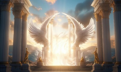 Decorated heavens gate with angel wings and statues in shining sunlight. Generative AI - obrazy, fototapety, plakaty