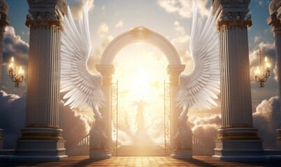 Decorated heavens gate with angel wings and statues in shining sunlight. Generative AI - obrazy, fototapety, plakaty