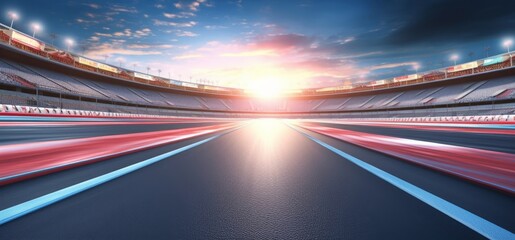Starting race from pole position on illuminated racing circuit and dawn sky on background. Professional automotive and sports 4K video in seamless, Generative AI - obrazy, fototapety, plakaty