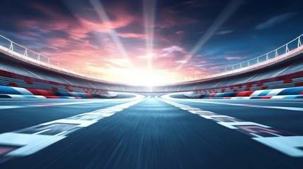 Gordijnen Starting race from pole position on illuminated racing circuit and dawn sky on background. Professional automotive and sports 4K video in seamless, Generative AI © Yash