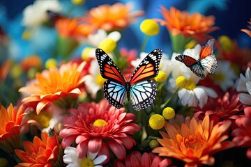 Blooming flowers and butterflies in the spring garden 