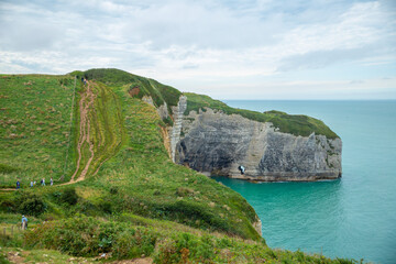 Panoramic view of sea cliff trail in &Eacute;tretat, France