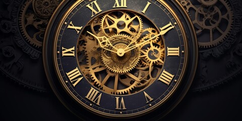 Golden black old clock close up at front view on dark background with cog wheel pattern. Design of my own. 3D illustration, Generative AI - obrazy, fototapety, plakaty
