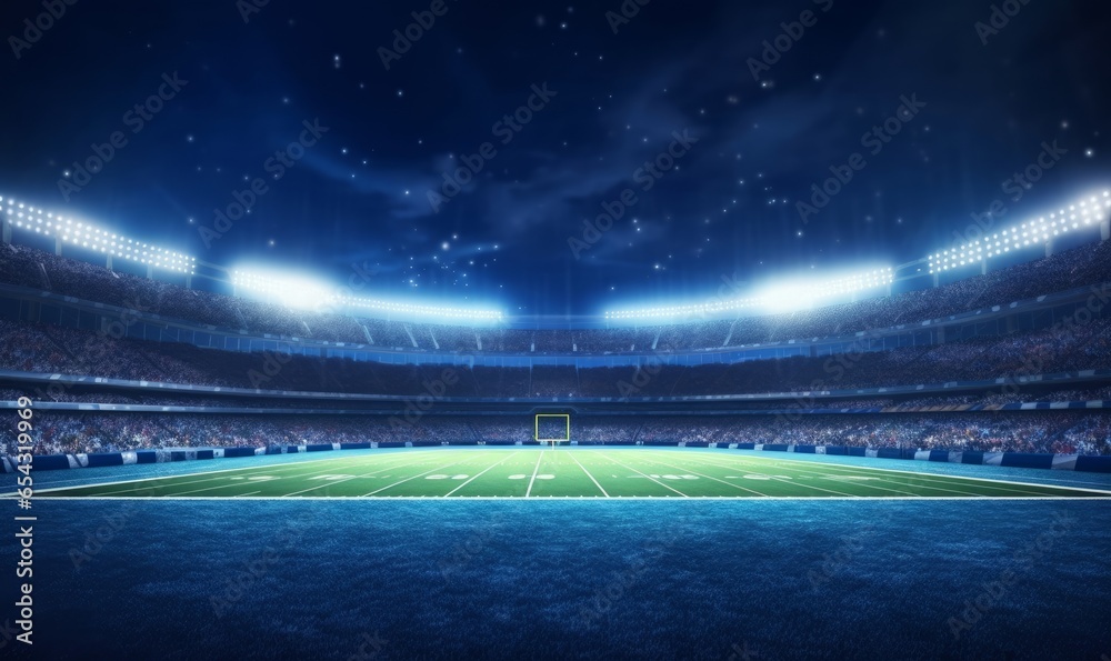 Wall mural American football league stadium with white lines and fans, illuminated field side view at night, sport building 3D professional background, Generative AI