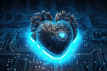 Blue heart shaped as computer circuit board. Generative AI