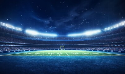 American football league stadium with white lines and fans, illuminated field side view at night, sport building 3D professional background, Generative AI - obrazy, fototapety, plakaty