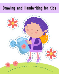 Drawing and handwriting for children. Educational activity game worksheet for kids. Cartoon funny characters. Vector illustration.