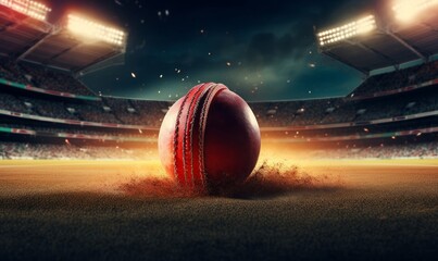 Cricket ball on the pitch in a thrilling night match. Generative AI - obrazy, fototapety, plakaty