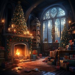 Obraz premium interior christmas. magic glowing tree, fireplace and gifts , digital painting, illustration painting