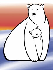 Polar bears, mother and cub, linear drawing, poster, illustration for the society for the protection and rescue of polar bears