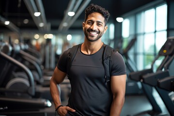 Fototapeta premium Smiling young Indian man wearing sportswear posing in gym