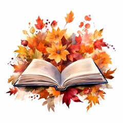 Watercolor Open Book with flowers and leaves isolated on white background. Autumn composition with flowers, leaves and books on white background
