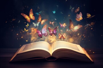 Opened magic fantasy book with magical flying butterflies above upwards. Postproducted generative AI digital illustration, Generative AI - obrazy, fototapety, plakaty