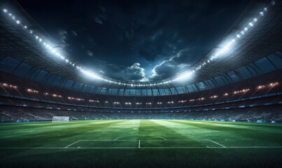 Spectacular football stadium full of spectators expecting an evening match on the grass field, view from the player level. Sport category 3D, Generative AI
