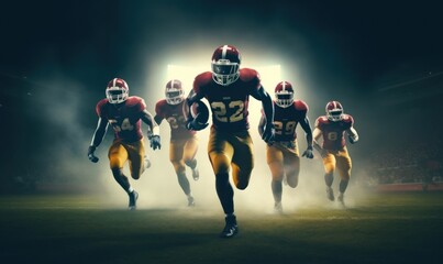 Four american football players running on pitch during night sport match. Generative AI - Powered by Adobe