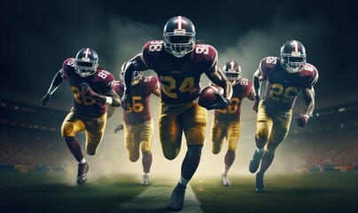 Four american football players running on pitch during night sport match. Generative AI - obrazy, fototapety, plakaty