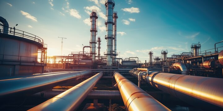 An industrial refinery at night, its towering steel structures. Representing the heart of the petroleum and chemical industry