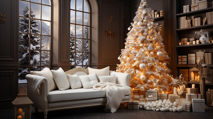 White Christmas tree with gifts, winter season background