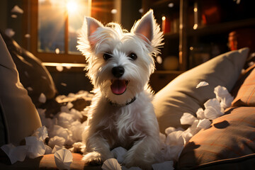 West highland white terrier makes mess with pillows ai generated art. - obrazy, fototapety, plakaty